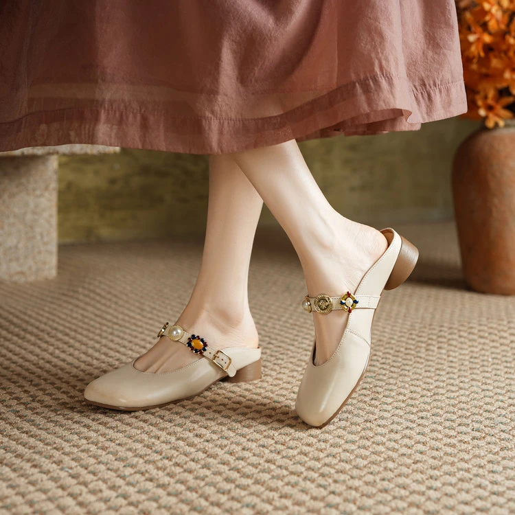 值得爱王玉雯代大吉同款外穿半拖鞋女低跟真皮百搭复古风粉色米白