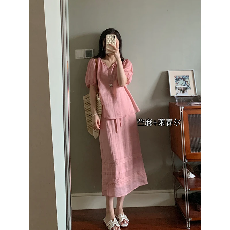 【现货清仓】花总吖【露染蔷薇】韩系苎麻+天丝V领时尚套装R425A08869