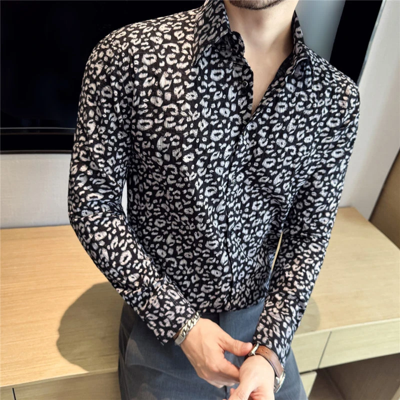 高品质尼龙夹层立体花衬衫男长袖设计感波点衬衣男黑色修身潮流