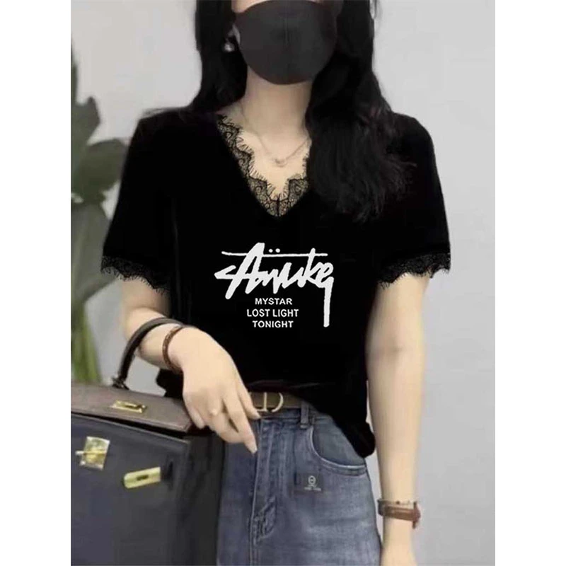 设计感印花蕾丝v领短袖t恤女2025新款时尚百搭上衣打底衫春夏秋季