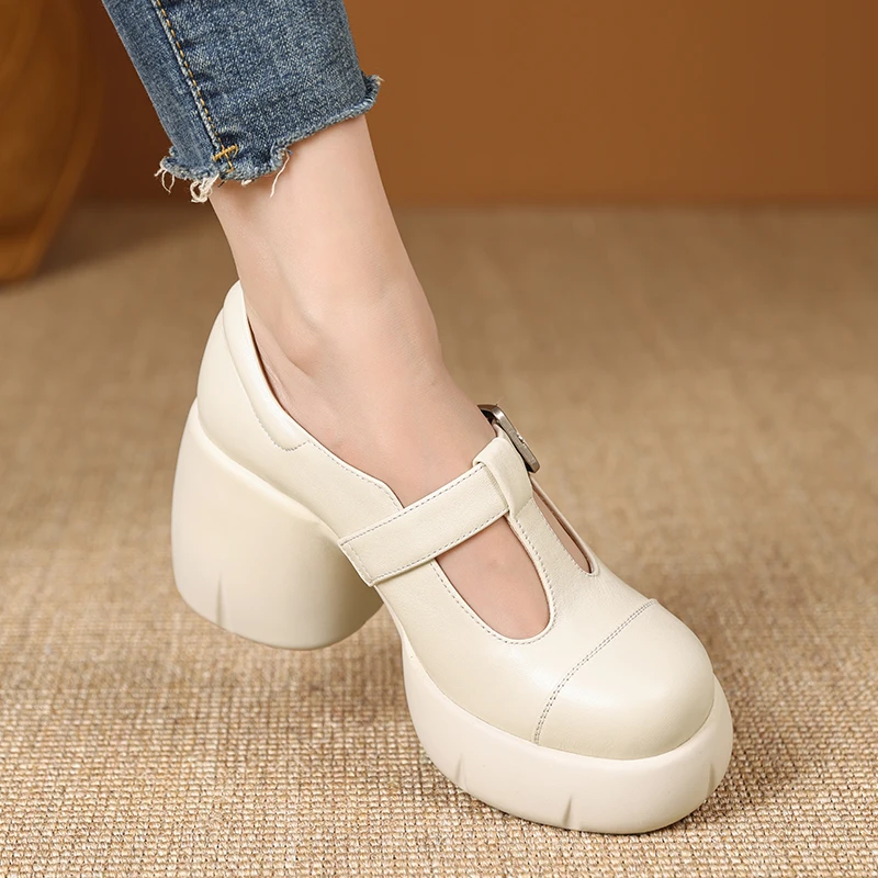 法式圆头玛丽珍皮鞋9cm粗跟浅口单鞋真皮不累脚厚底防水台高跟鞋