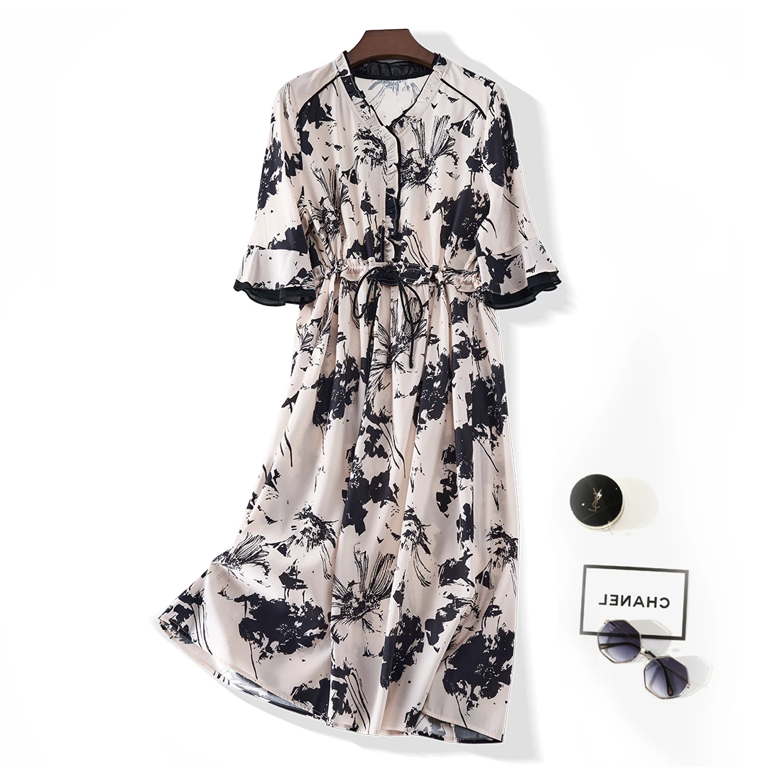 琸娅气质碎花印花92%桑蚕丝高端女装时尚法式优雅复古真丝连衣裙