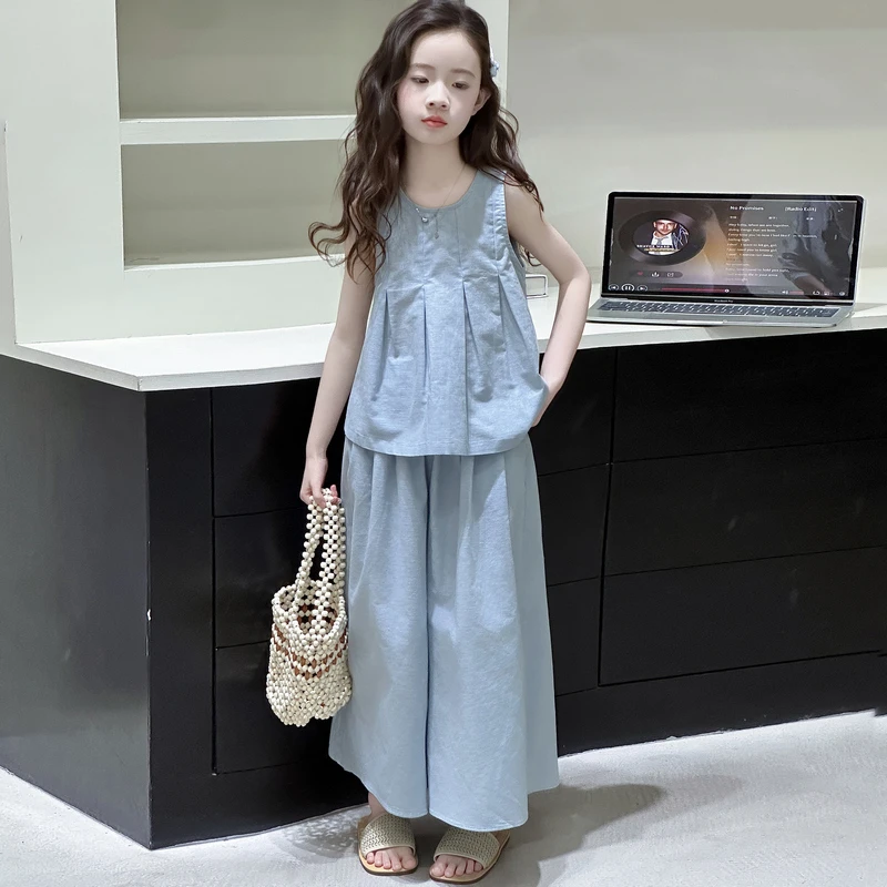 女童麻棉时尚无袖套装夏装2025新款儿童洋气12岁中大童九分阔腿裤