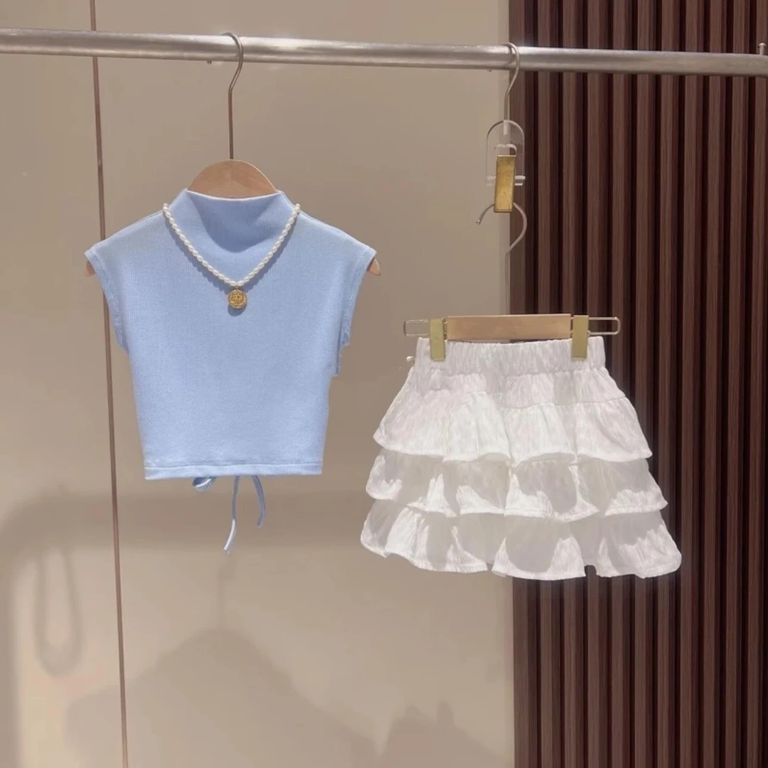 女童夏季新款设计感后背镂空背心上衣女孩宝宝蛋糕半身短裙套装潮
