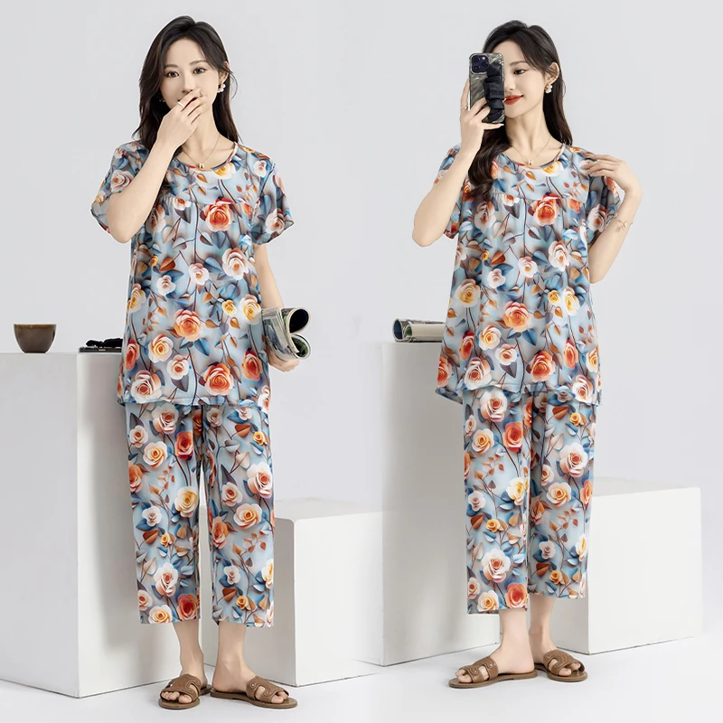 夏季绵绸短袖九分裤两件套2025年新款睡衣女套装碎花薄款家居服女