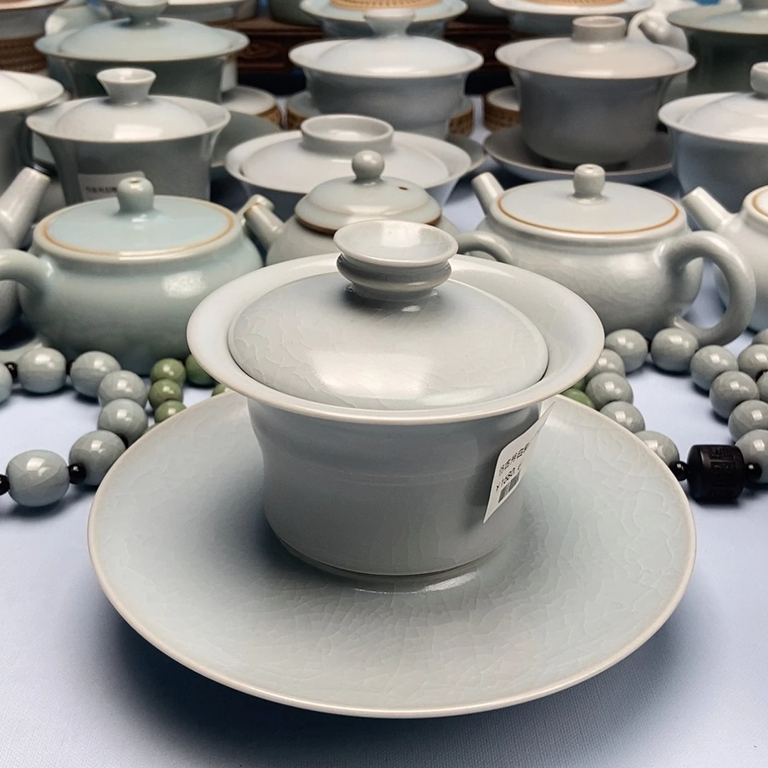 杯仿古月白釉竹节盖碗原矿原釉原产地