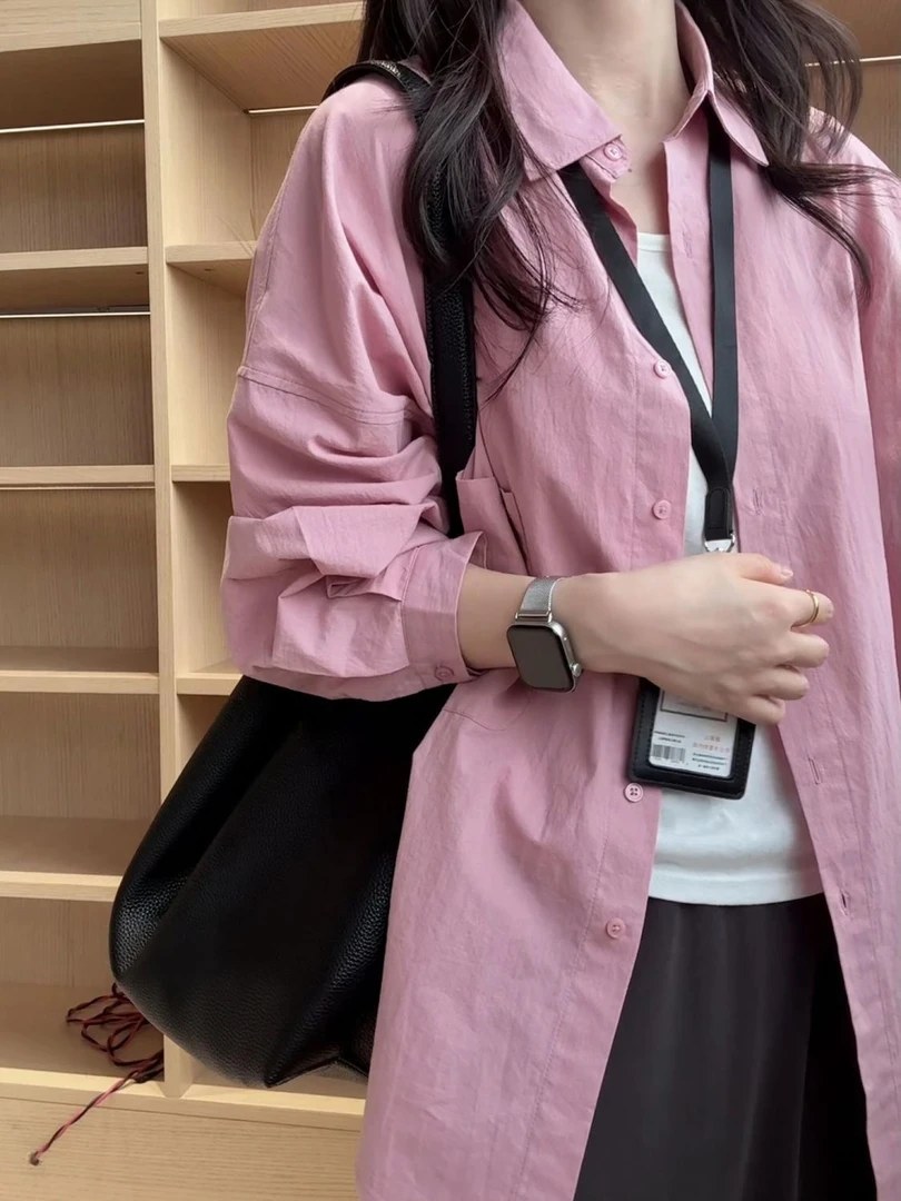 韩系氛围感纯棉衬衫女叠穿内搭长袖上衣正肩衬衣外穿宽松遮肉开衫