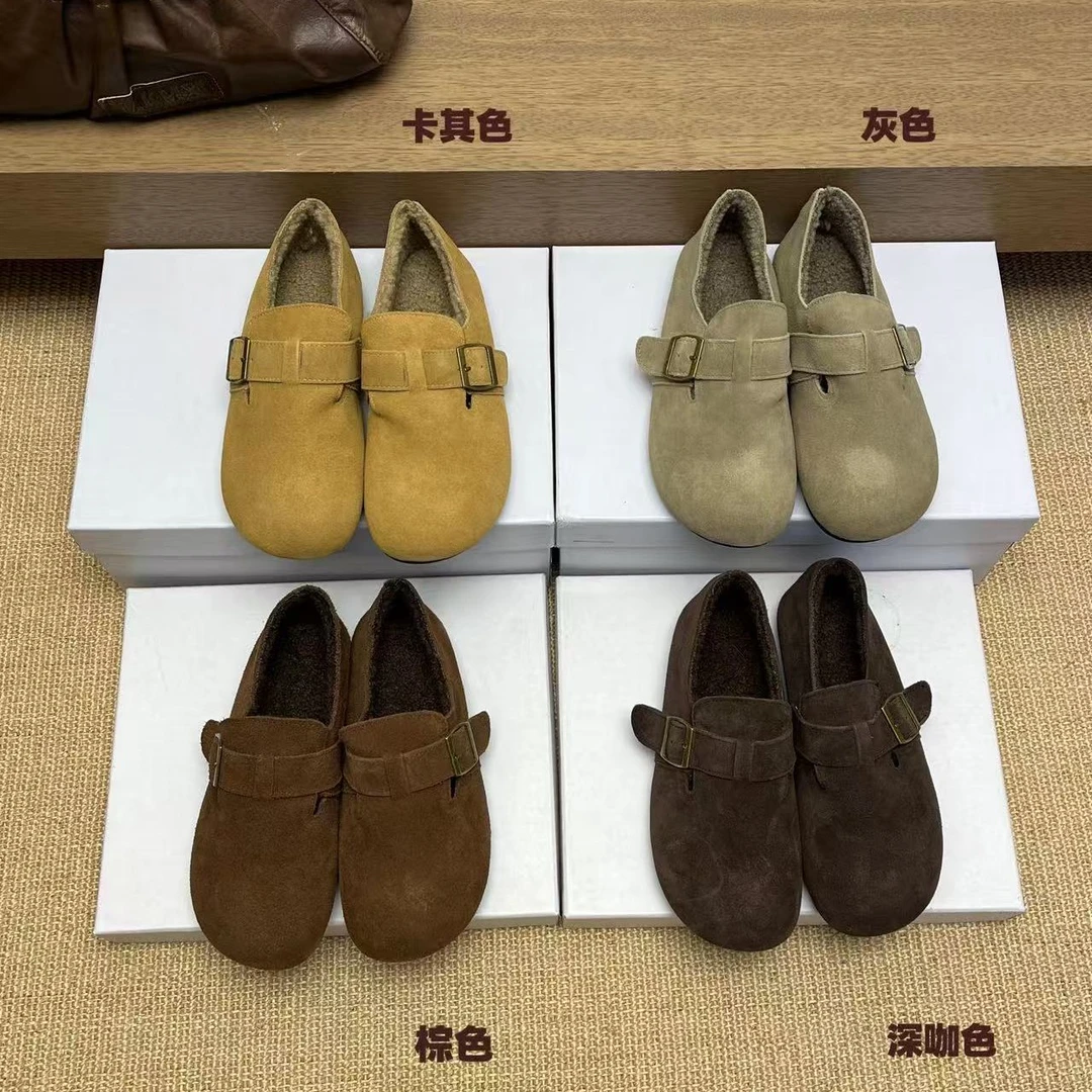 899-A（头层牛皮）勃肯鞋女冬单鞋保暖棉鞋一脚蹬厚底毛毛鞋女软底