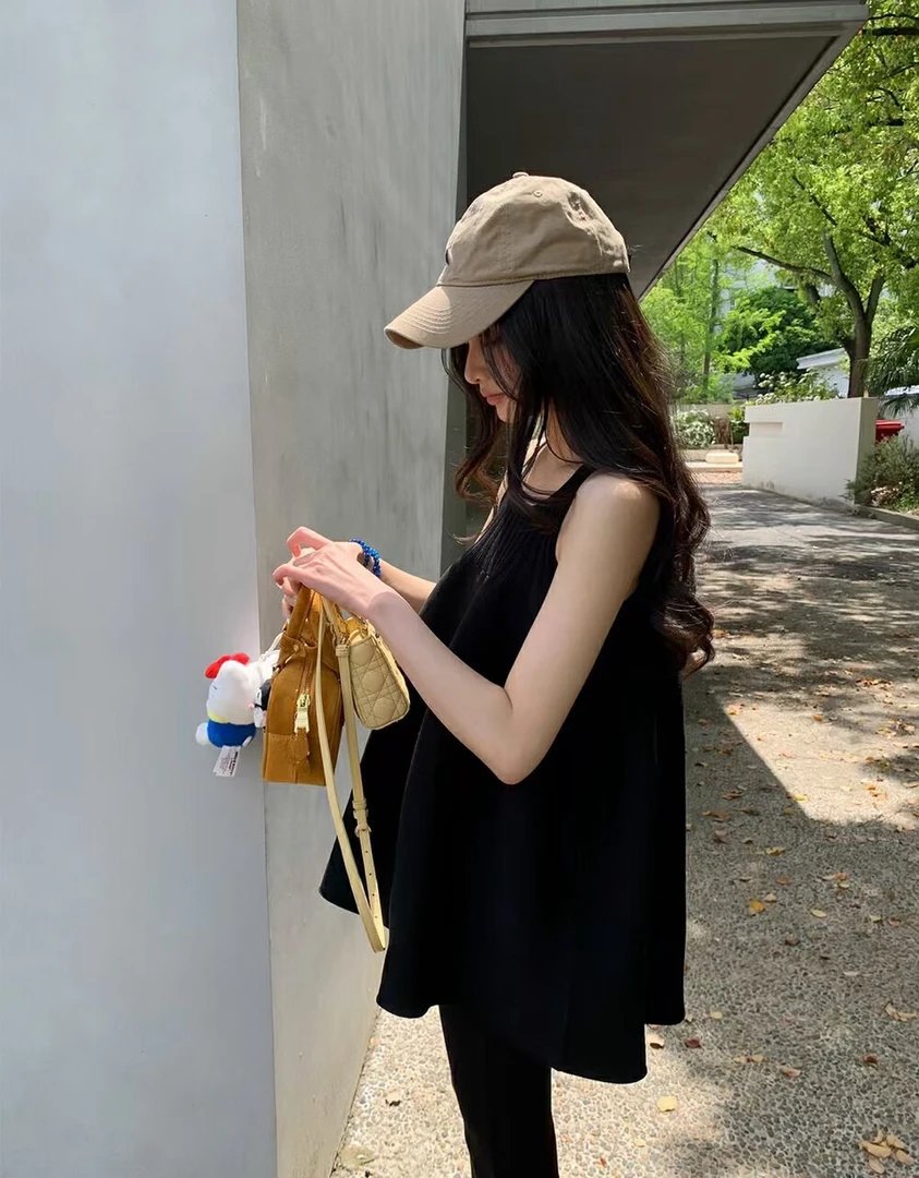 【张开心】店主私服一体机制做面料弹力大黑色背心➕显瘦小黑裤套装