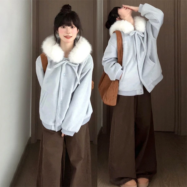 学院风蓝色蝴蝶结连帽毛领毛呢外套女秋冬小个子宽松百搭上衣1776