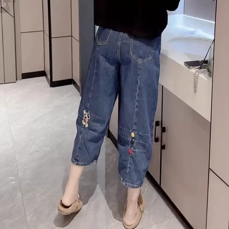2025夏季爆款窄版八分老爹牛仔裤女显瘦洋气哈伦裤大码遮肉阔腿裤