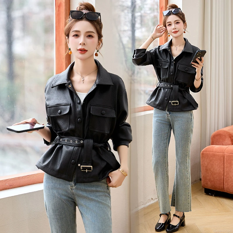 休闲皮衣小短款外套女2025年春季新款高级感收腰系带po领工装夹克