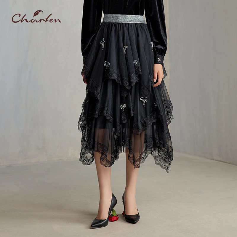 【达人专属】朝峰秋冬季蕾丝拼接高腰A型半身裙CFE5F056-0102E