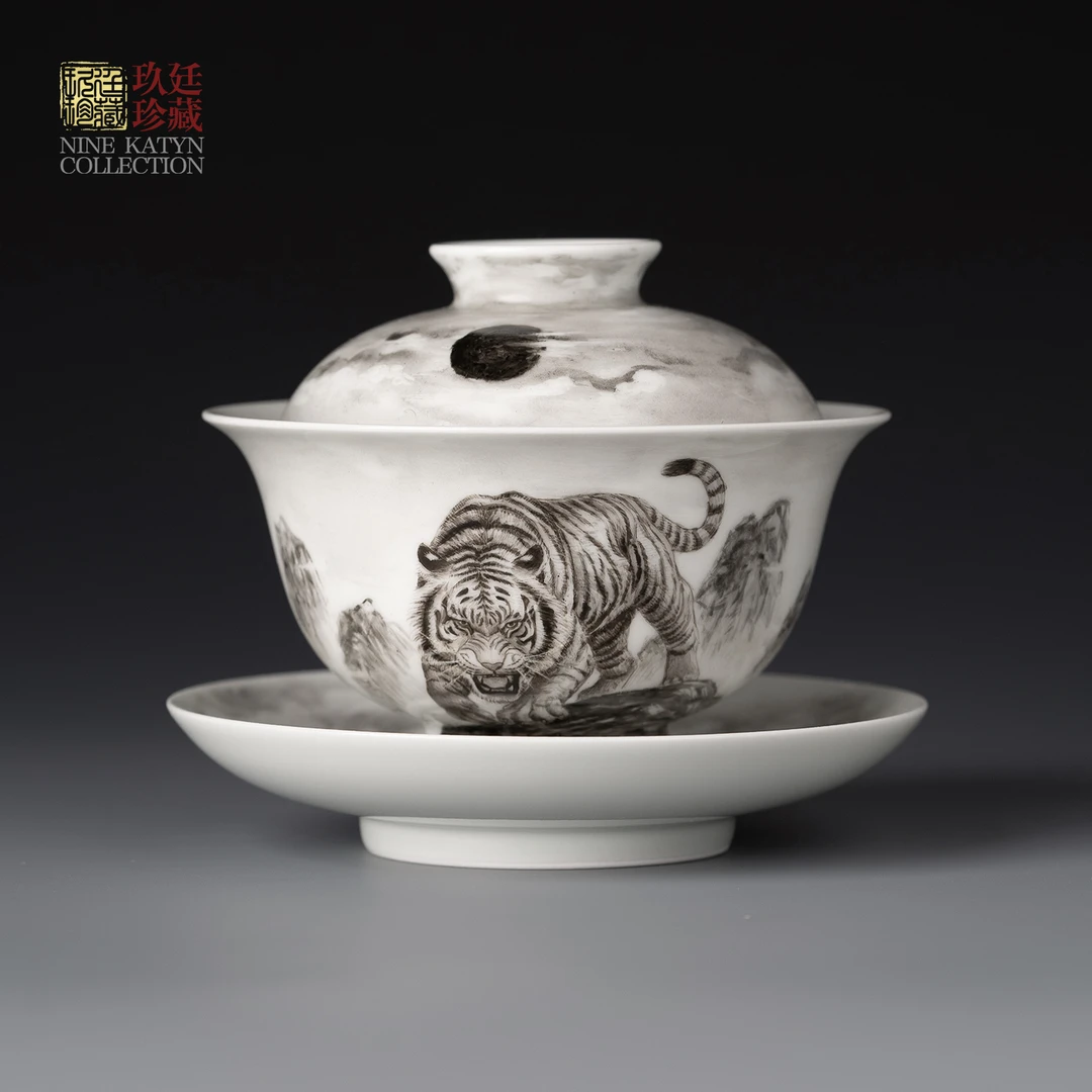 景德镇纯手工手绘白虎盖碗功夫茶具泡茶碗陶瓷器高端中式复古送礼