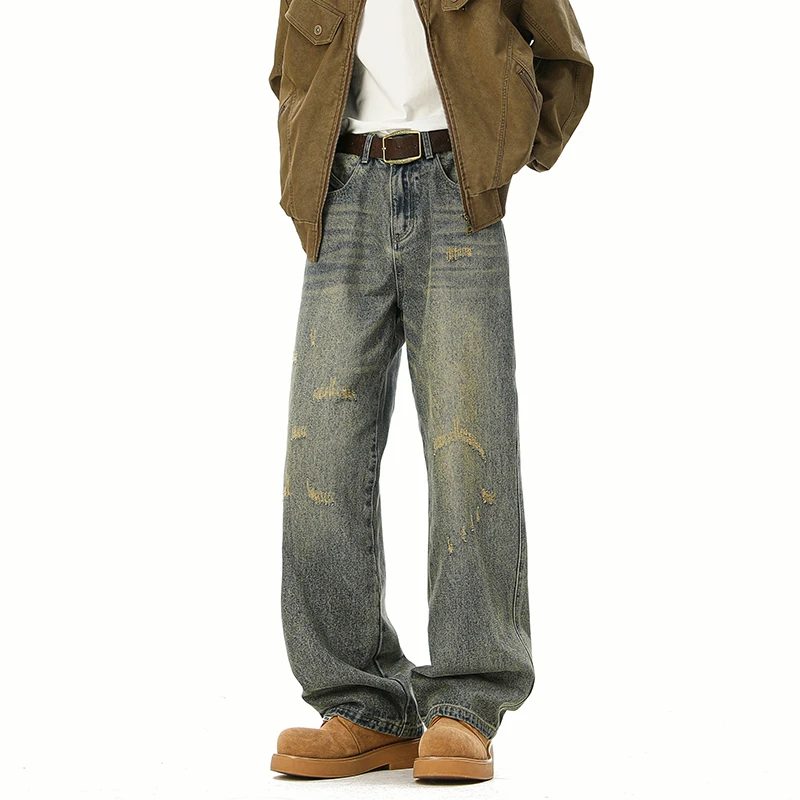 破洞牛仔裤男2025春季新款美式复古潮牌水洗做旧宽松直筒休闲长裤