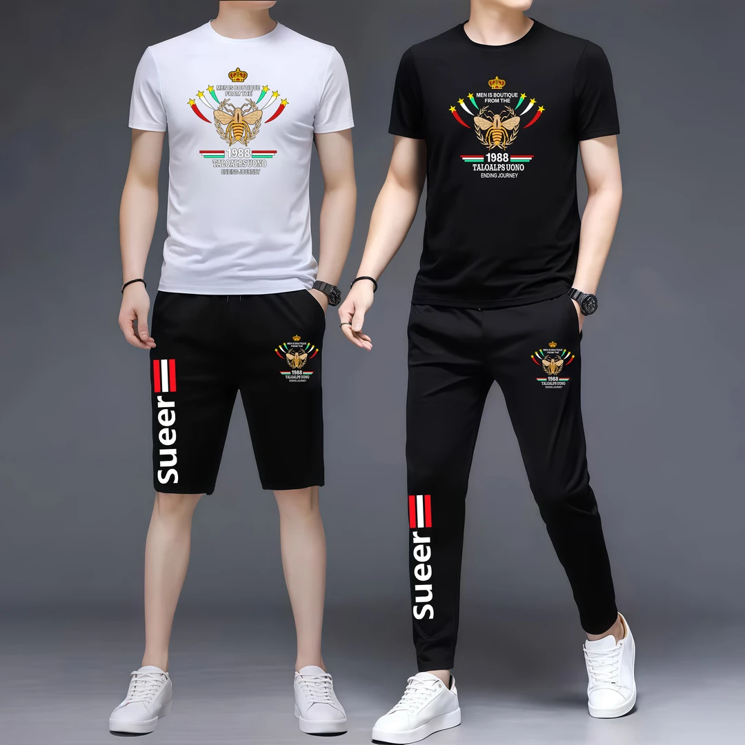 百搭夏季时尚短裤运动服男长裤修身青年莱卡棉短袖潮流运动套装