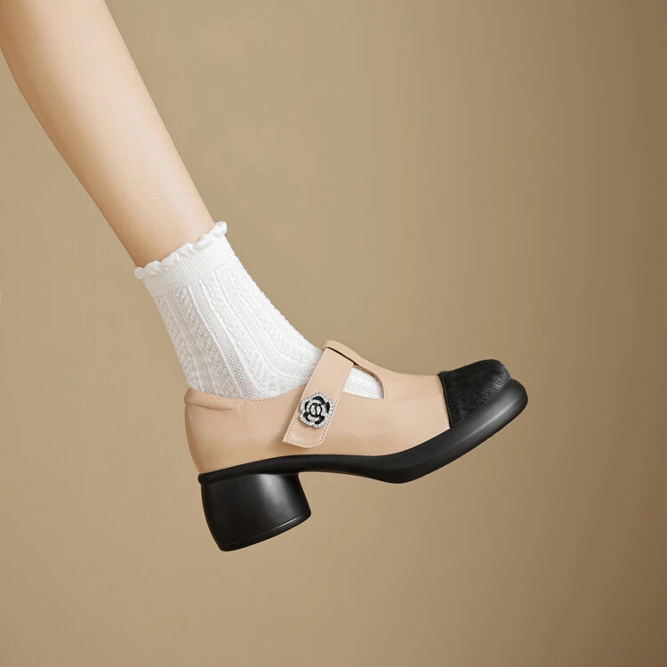 轻奢鞋子女款百搭小众真皮甜美小香风山茶花厚底粗跟玛丽珍高跟鞋