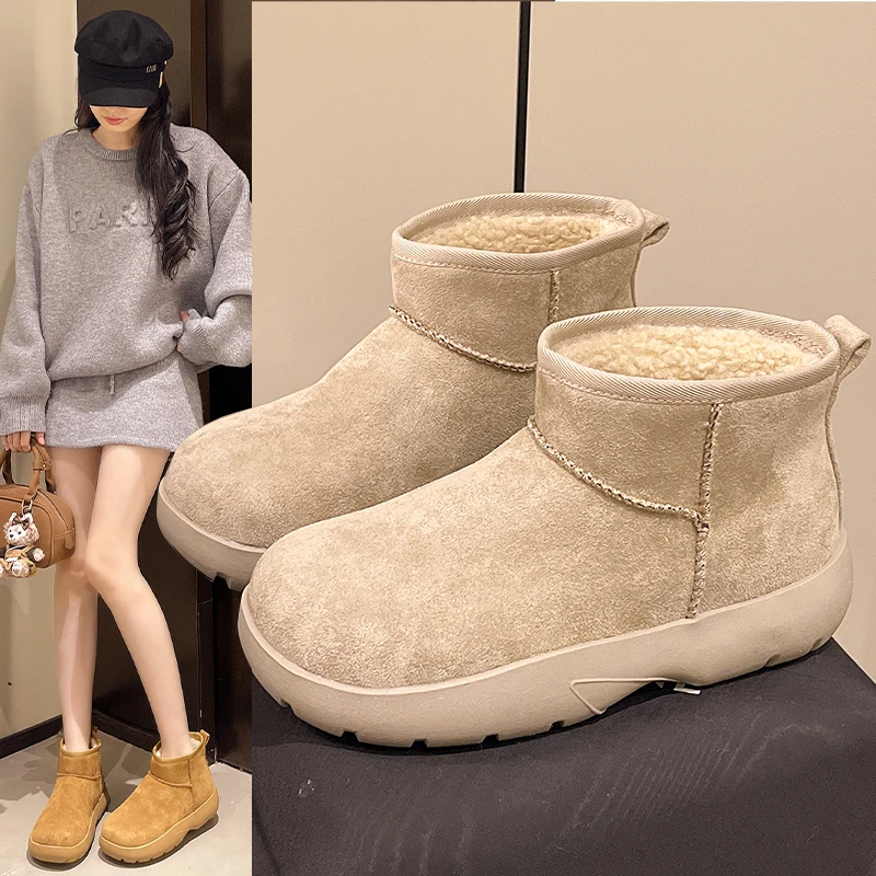 博肯雪地靴雪地靴女2025冬季新款舒厚底防滑一脚蹬大头雪地靴户外