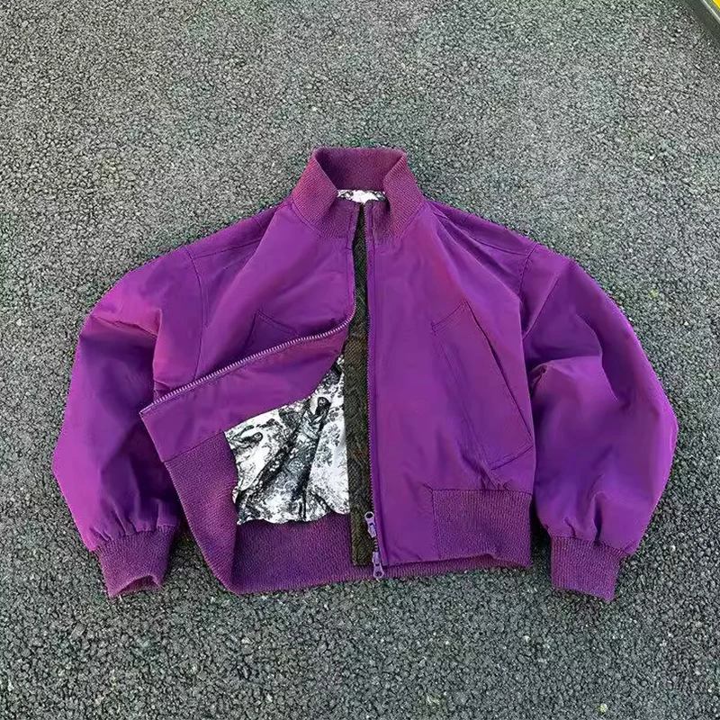 乌梅紫色蟒纹拼接外套短款美式立领廓形夹克小众设计感痞帅飞行服
