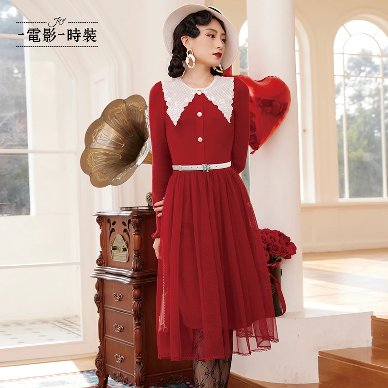 【媛媛女王专享】一电影一时装翻领拼接网纱毛衣连衣裙FEOL112566