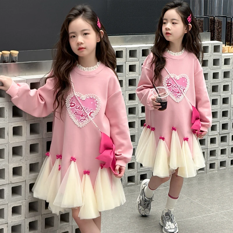 女孩春秋中大童超洋气2025新款时髦公主裙韩版网红蕾丝长袖卫衣裙