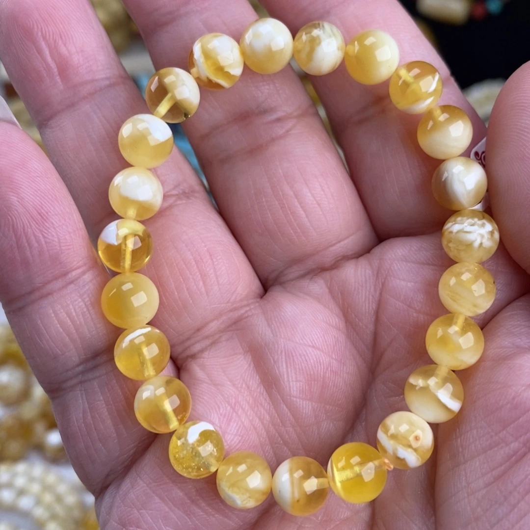 蜜蜡未镶嵌手链金瓷白妖花8.3mm圆珠