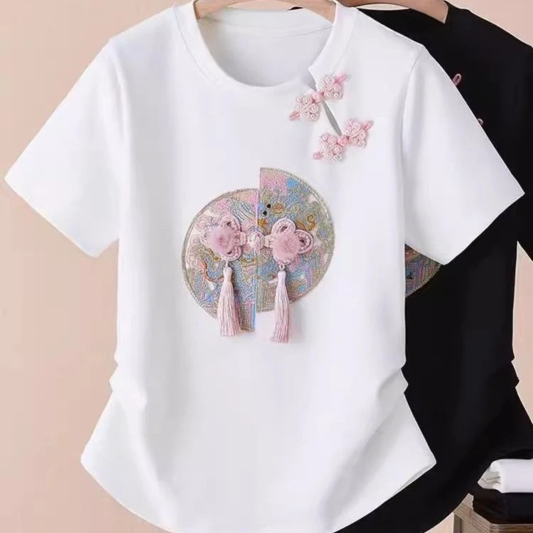 新中式梅花盘扣刺绣白色T恤女2025新款夏季国风体恤显瘦短袖上衣