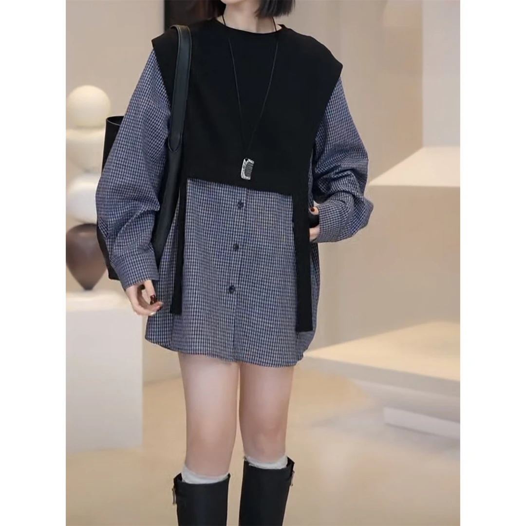 高级感假两件格子衬衫裙女2025早春新款洋气减龄显瘦遮肉休闲上衣