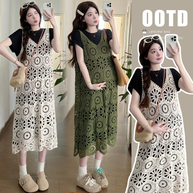 时髦洋气孕妇装韩版显瘦新品镂空叠穿吊带连衣裙孕妇两件套