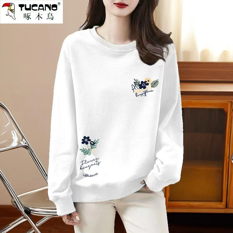 啄木鸟圆领卫衣女秋冬新款宽松大码修身显瘦韩版长袖开叉休闲上衣