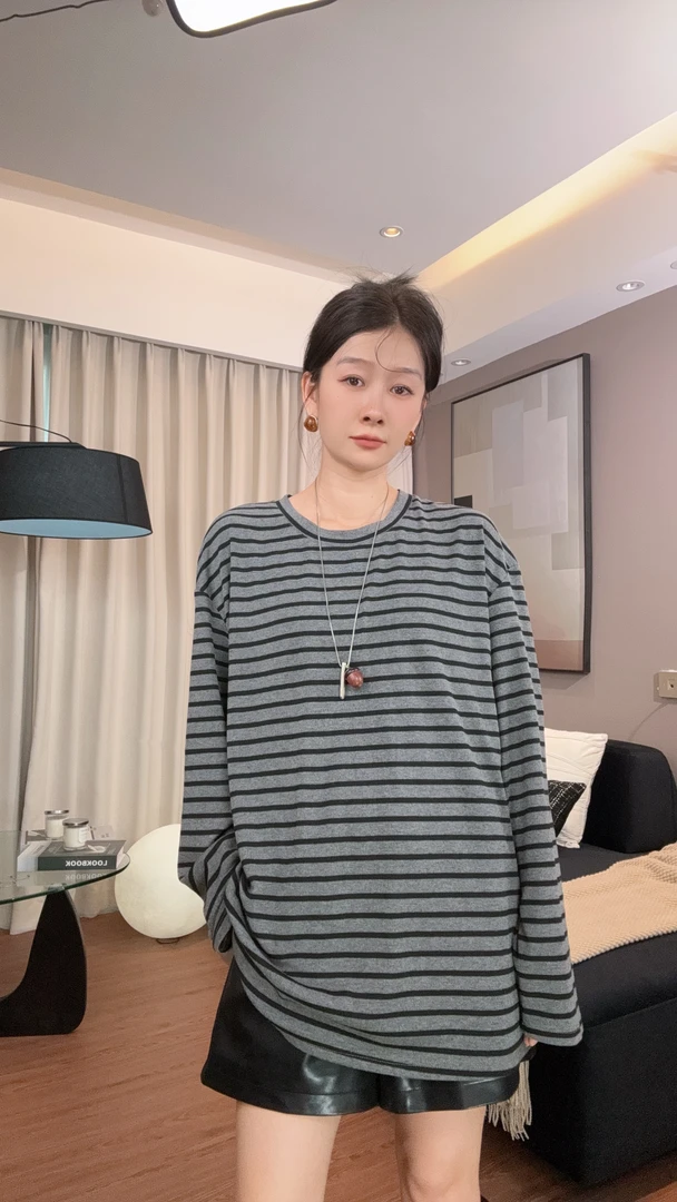 慵懒风撞色条纹上衣韩版百搭宽松长袖T恤简约时尚秋季圆领打底衫