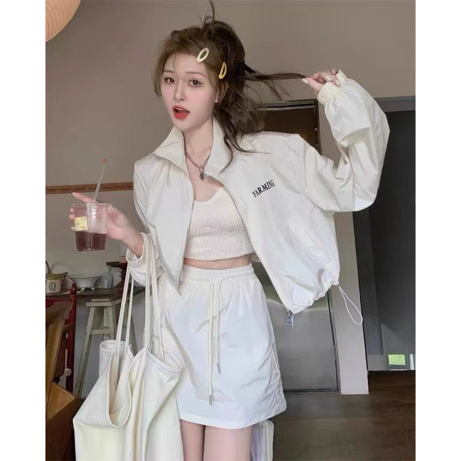 时尚套装女美式工装长袖立领轻薄外套显瘦短裙休闲两件套7980