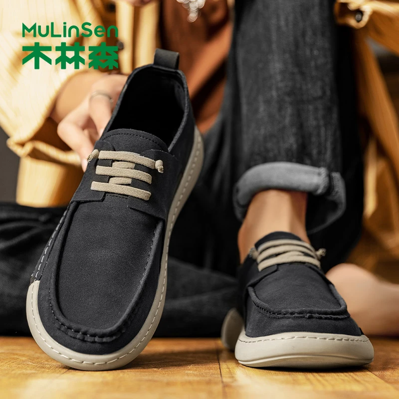 木林森男鞋秋冬2025新款软皮懒人一脚蹬舒适驾车复古休闲豆豆皮鞋