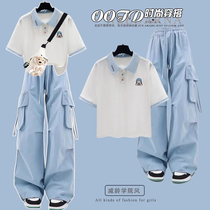 洋气套装少女2025夏季新款学院风POLO领短袖初高中学生时尚两件套