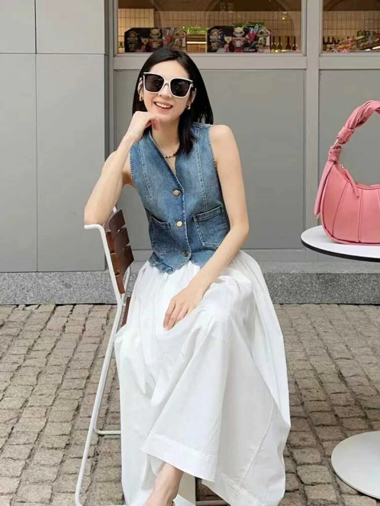 韩版高级感气质收腰显瘦牛仔马甲女夏季设计感修身v领背心上衣薄