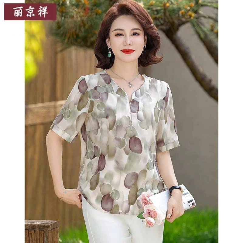 中年妈妈夏装时尚2025新款中老年女装短袖洋气小衫贵夫人雪纺衬衣