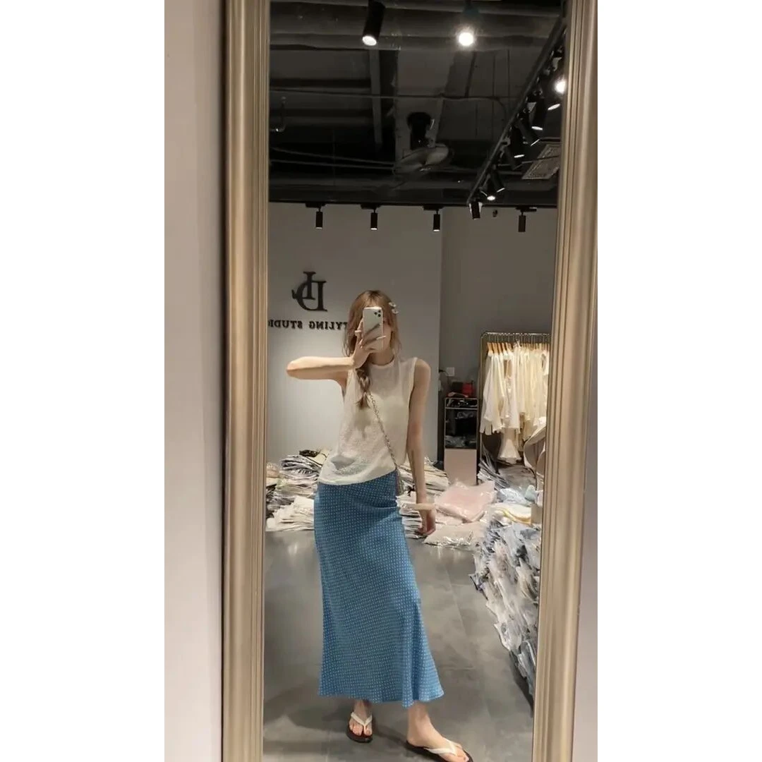 多巴胺穿搭女衣服白色宽松背心上衣海边度假风波点半身裙鱼尾裙