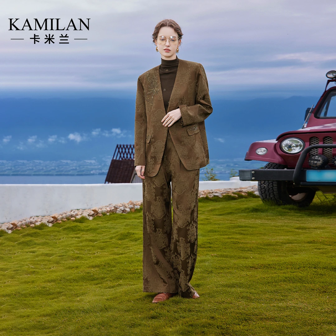 卡米兰高级感老钱风小西装女2025秋季新款v领复古提花西服外套