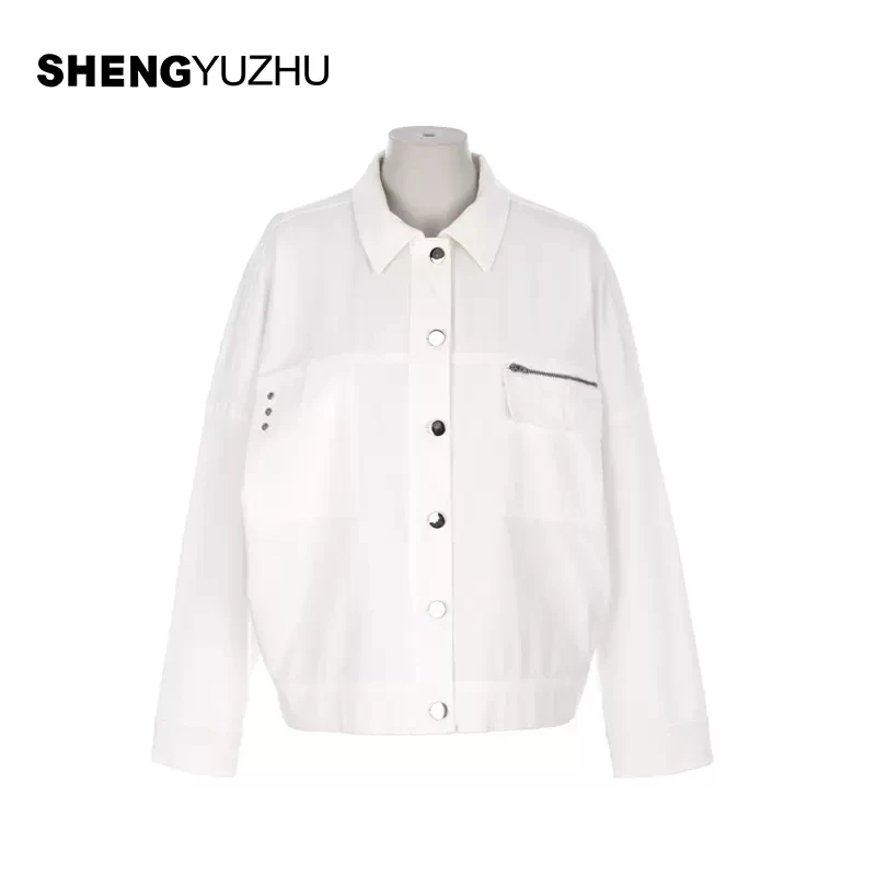 声雨竹春夏新款时尚休闲宽松百搭白色翻领长袖上衣女外套