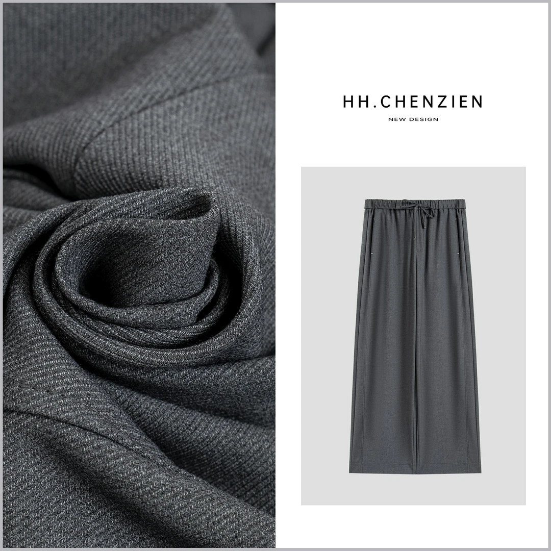 【黑黑家】春季新款腰头弹力抽绳设计休闲直筒裤子