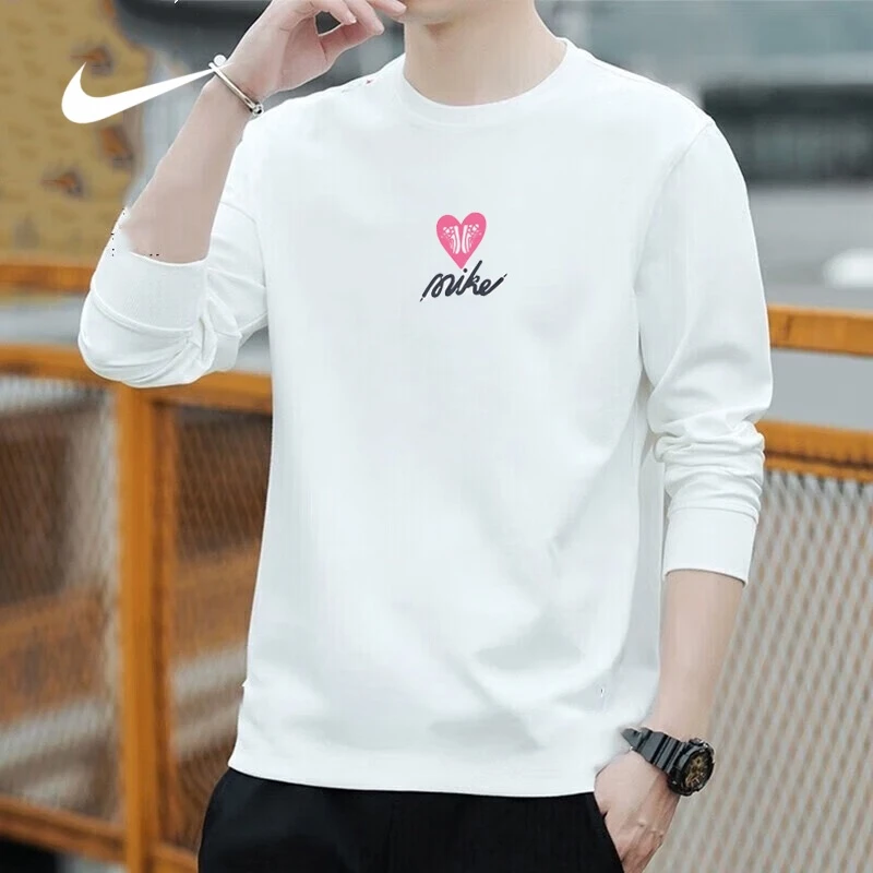 NIKE/耐克卫衣男春季纯棉白色T恤圆领宽松打底衫百搭长袖套头衫