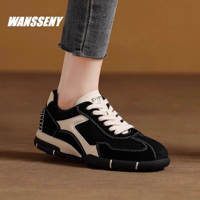 WANSSENY2025年秋冬真皮复古德训鞋女平底阿甘鞋软底休闲运动鞋女