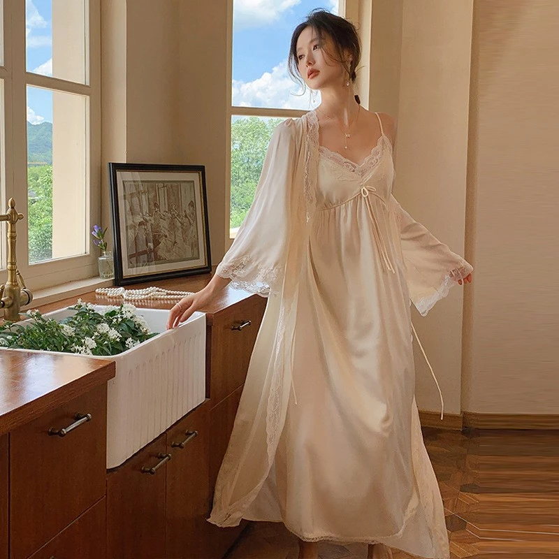 巴韦那奇法式女士春秋吊带睡裙家居服镂空性感纯欲带胸垫两件套装