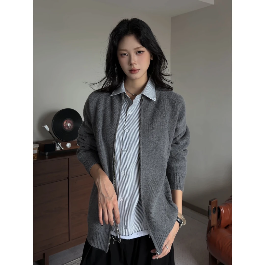 MAYU 老钱灰色针织开衫外套慵懒立领拉链毛衣