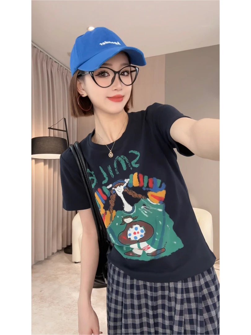 夏季新款趣味印花短袖t恤女百搭透气减龄圆领正肩t恤女105
