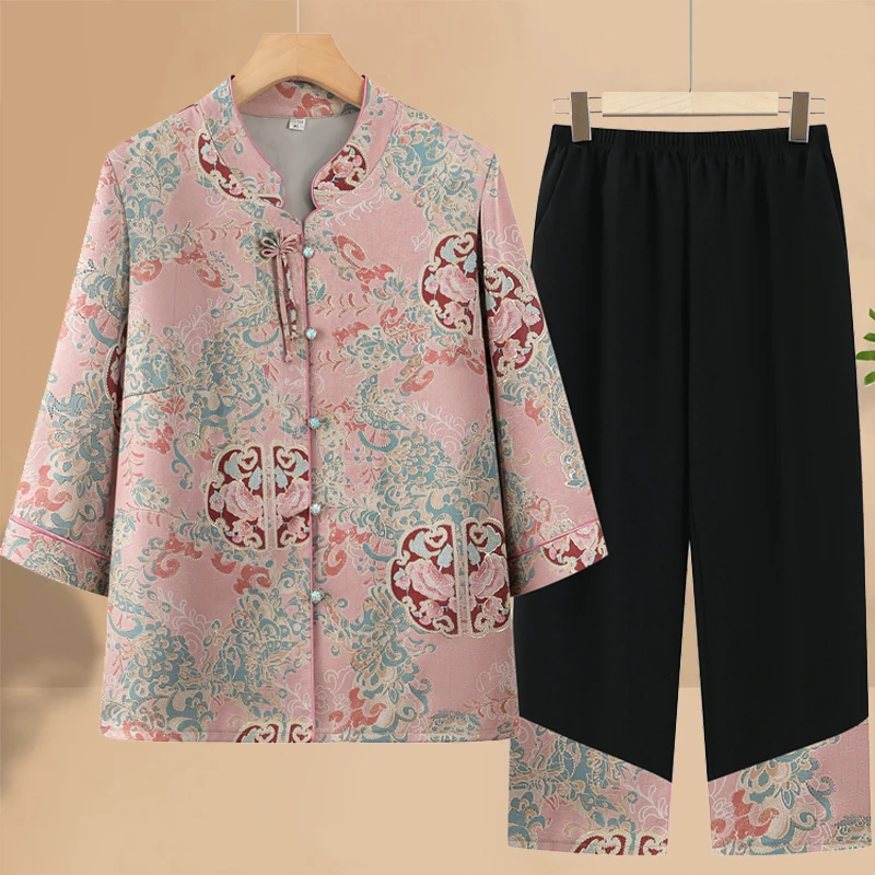 奶奶夏装套装新款女妈妈50-60岁夏季薄款衬衣70岁老太太衣服