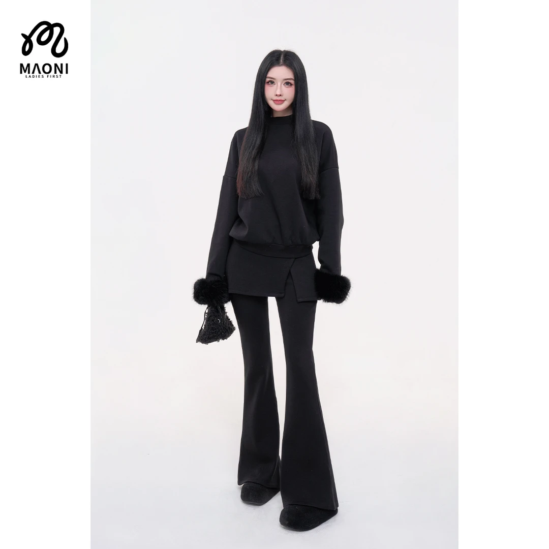 毛妮LADIEST时尚大气加绒卫衣+休闲裤套装配可拆卸毛袖L2521