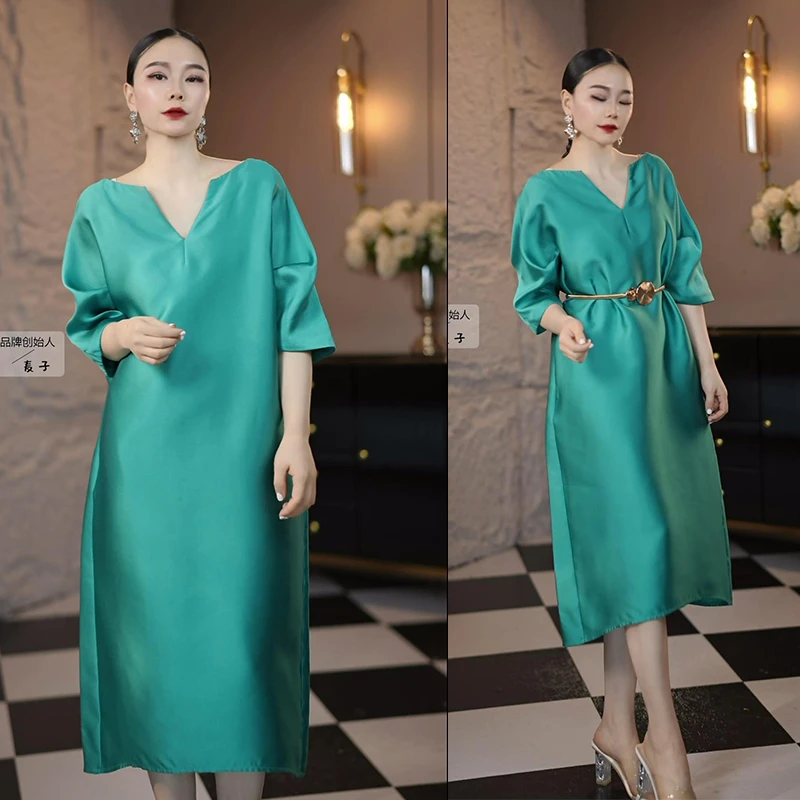 设计师麦子原创 连衣裙中长款 时尚百搭气质绿色高级轻奢醋酸73