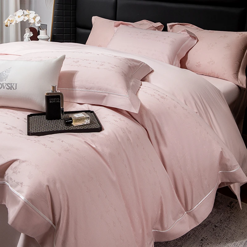 玫瑰豆沙-全棉织带提花AB叉角CR工艺四件套