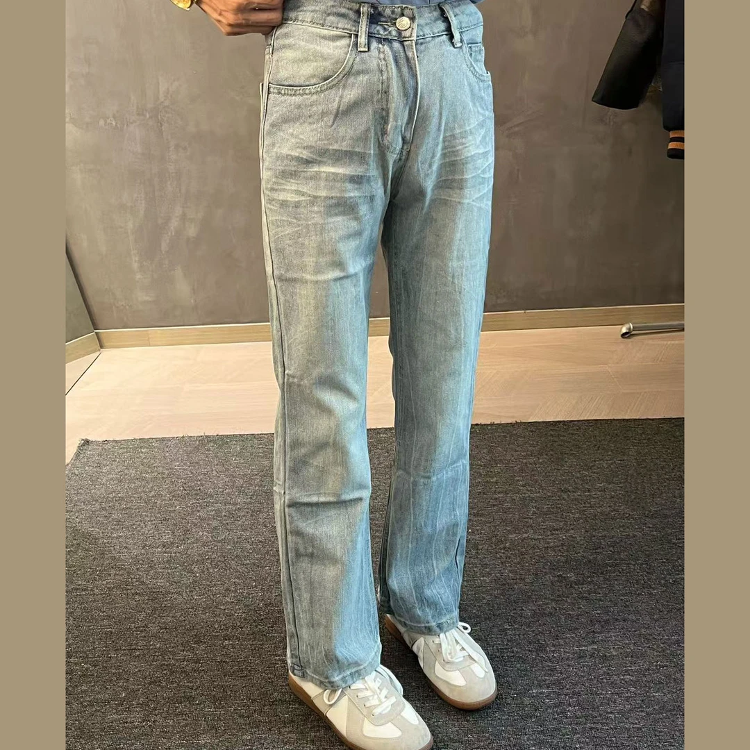 重头来过新款美式复古竹节纹牛仔裤男高街痞帅美式宽松直筒长裤男